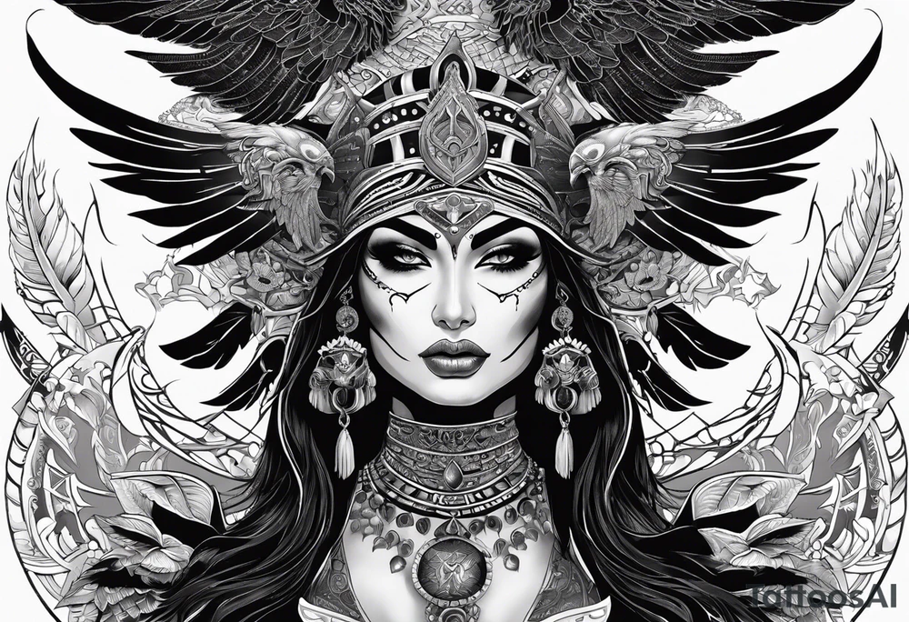 black kali, goddess pirate, alien, pachamama, valkrye, warrior, skull, lotus azul, wing, eagle, zenza resonance, stars, 5D tattoo idea