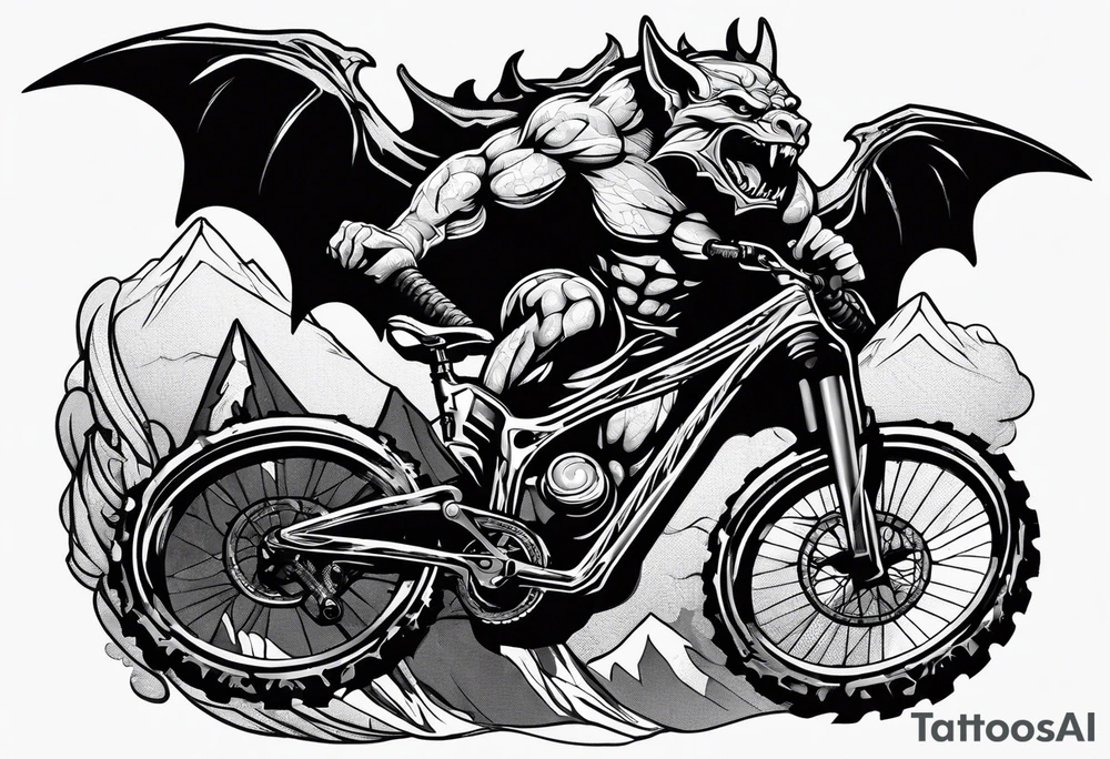 gargoyle riding a full suspension mountain bike with a shadow no background tattoo idea
