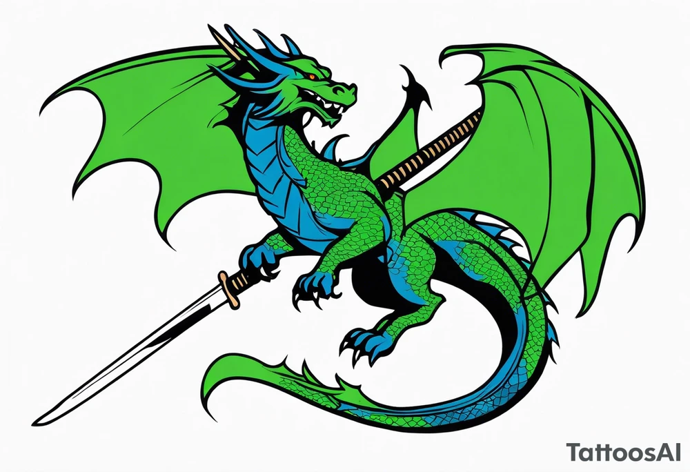 Blue and green dragon with a katana sword tattoo idea