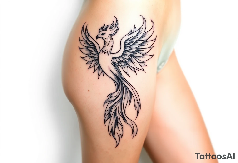 majestic fiery phoenix surrounded by fire. with a crown of fire flapping wings with a flaming tail tattoo idea