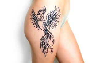 majestic fiery phoenix surrounded by fire. with a crown of fire flapping wings with a flaming tail tattoo idea