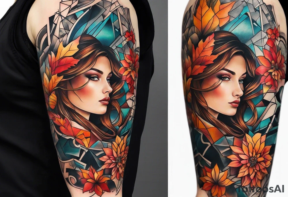 Arm Sleeve Tattoo with fall colors,  flattened tattoo idea
