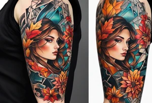 Arm Sleeve Tattoo with fall colors,  flattened tattoo idea