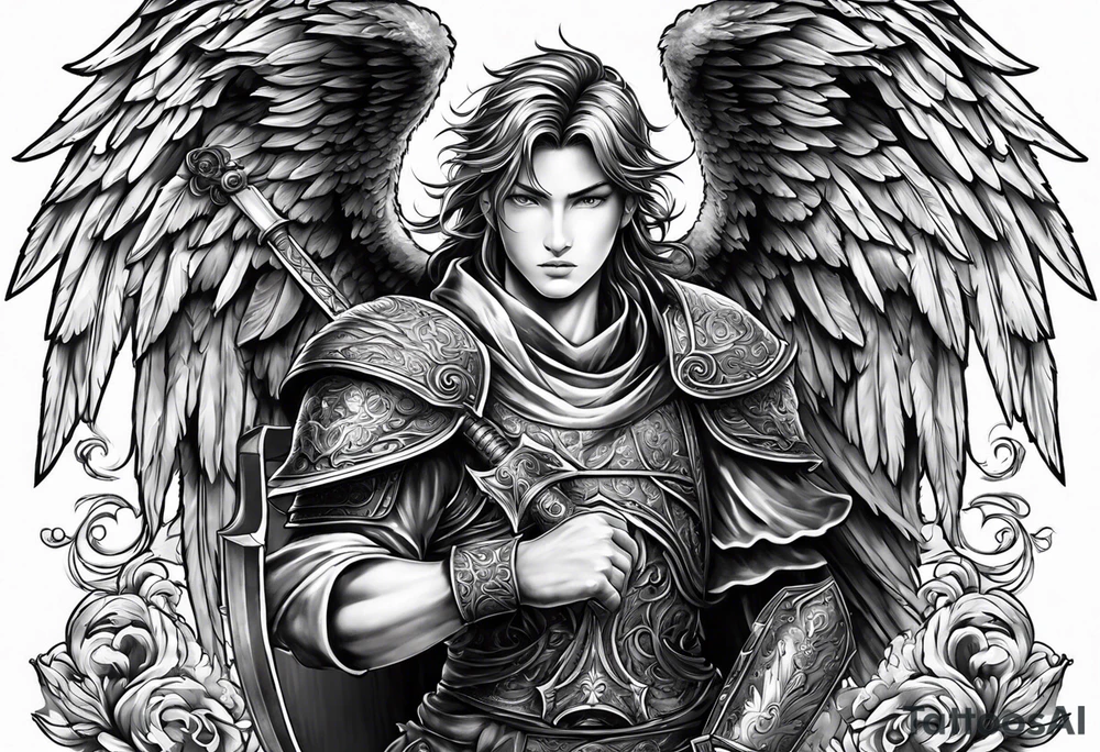 Angels with sword & Shield in sky tattoo idea