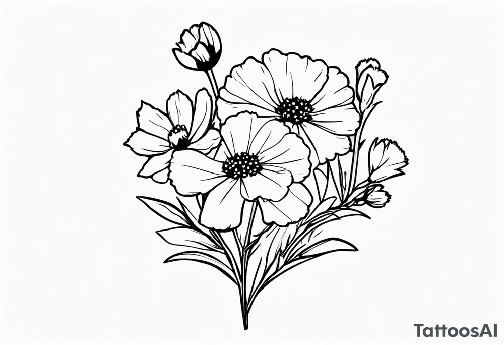 a simplistic bouquet of forget me not , carnation , and aster flowers with a stem tattoo idea