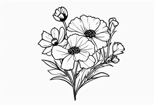 a simplistic bouquet of forget me not , carnation , and aster flowers with a stem tattoo idea