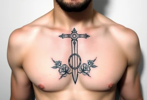 A gothic cross with a sword tip on the bottom going through an infinity sign and has roses and vines growing around tattoo idea