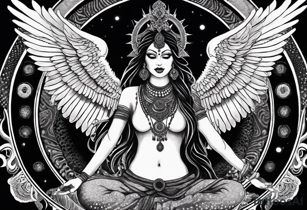 black kali, goddess pirate, alien, angel, pachamama, valkrye, warrior, flying, skull, lotus azul, wing, eagle, zenza resonance, stars, 5D, anahata chakra, death, durga, riding on a tiger, flying lady, kundalini, chest tatoo, samuri, rebel tattoo idea