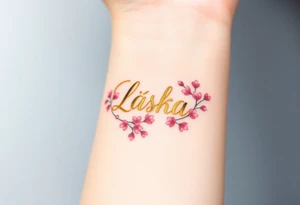 A golden infinity symbol with tiny cherry blossoms surrounding the word "Láska", representing beauty, romance, and fleeting yet eternal love tattoo idea