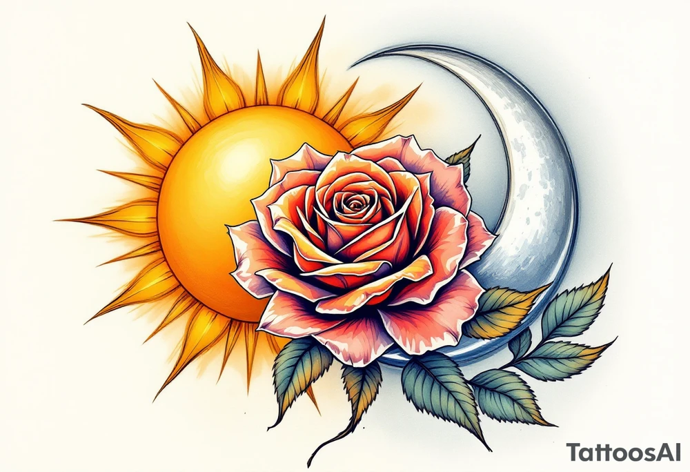 Golden sun with sharp rays extending outward, painted in warm yellows and oranges to create a vibrant, fiery aura around the flower. The sun symbolizes energy, life, and growth. The light from the sun subtly illuminates the rose, reflecting its warmth. On the opposite side of the rose, a soft silver crescent moon, painted in light silver with soft blue highlights, casting a gentle glow over the rose. The moon represents calm, serenity, and the quieter aspects of love. The moon’s soft glow balances the brightness of the sun, symbolizing the balance between day and night. tattoo idea