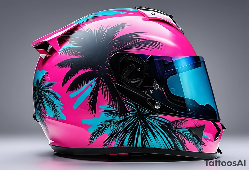 Formula 1 helment with the Miami name a palm tree and light blue black and pink colors tattoo idea