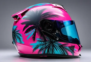 Formula 1 helment with the Miami name a palm tree and light blue black and pink colors tattoo idea