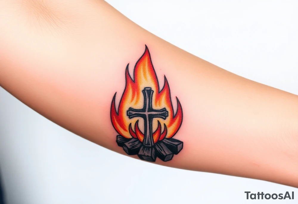 Campfire with a cross hidden in the flames tattoo idea