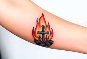 Campfire with a cross hidden in the flames tattoo idea
