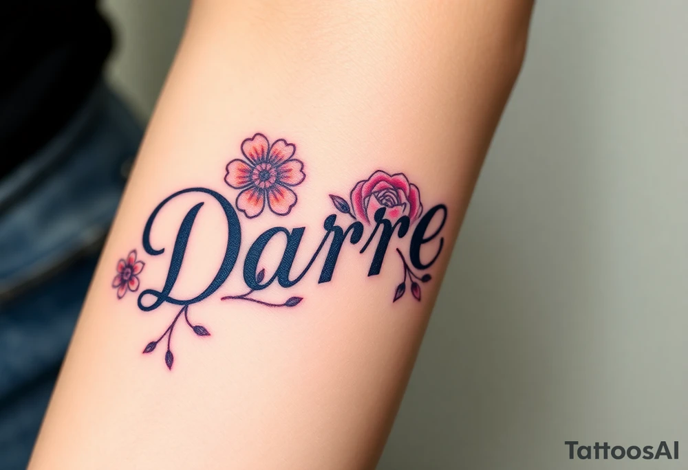 neon colors, 1 inch font, "Darrell" with lots of whimsical background, add flowers tattoo idea