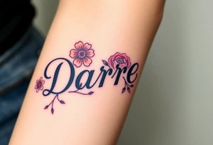 neon colors, 1 inch font, "Darrell" with lots of whimsical background, add flowers tattoo idea