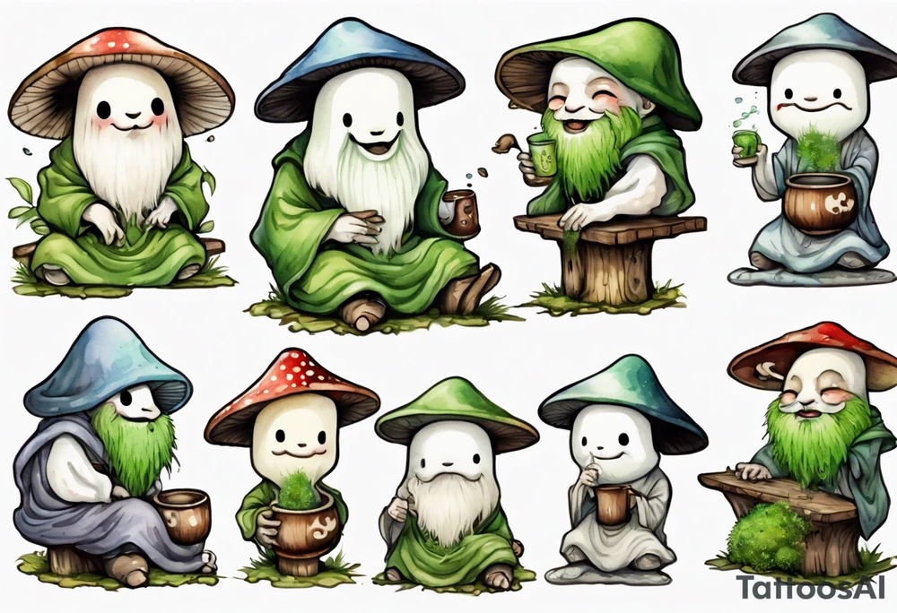 a kodama wearing a mushroom hat and a mossy beard and a medieval tunic drinking from a wood cup, sitting on a bench laughing tattoo idea