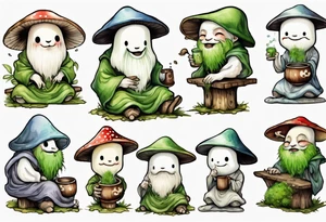 a kodama wearing a mushroom hat and a mossy beard and a medieval tunic drinking from a wood cup, sitting on a bench laughing tattoo idea