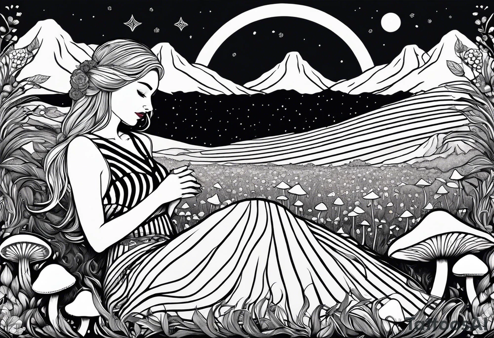 Straight blonde hair girl in black and white striped dress sleeping back facing
in a field of mushrooms with mountains s
and crescent moon mandala background tattoo idea