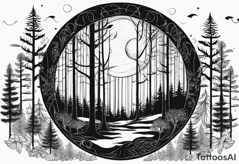 Draw me a Magical forest with s lot of trees in 2D and every tree is black and you see every treetop tattoo idea
