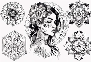 beautiful woman mixed with geometric objects like a mandalas tattoo idea
