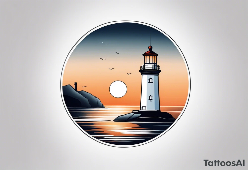 lighthouse a bit realist, evening, circle framed and sea tattoo idea