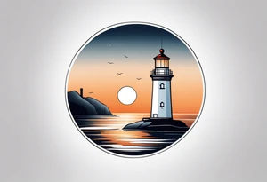 lighthouse a bit realist, evening, circle framed and sea tattoo idea