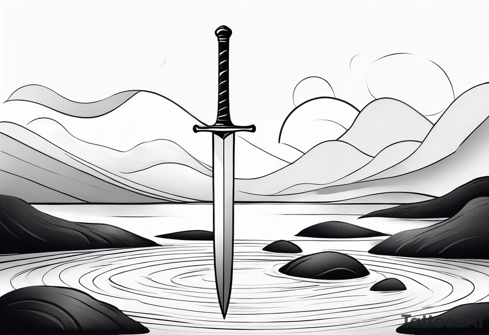 a sword with the idea of tranquility. THat has ripples resembling a pond. Brush strokes surrounding it. tattoo idea