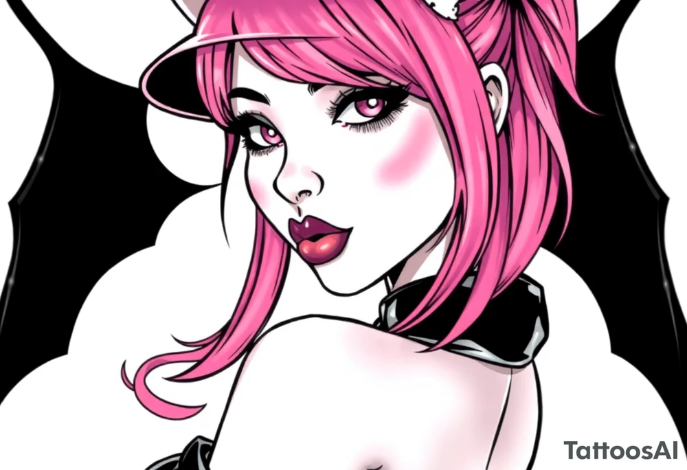 hot goth girl with puppy ears and with piercings on face and big boobs and big butt with black outfit on with pink hair tattoo idea