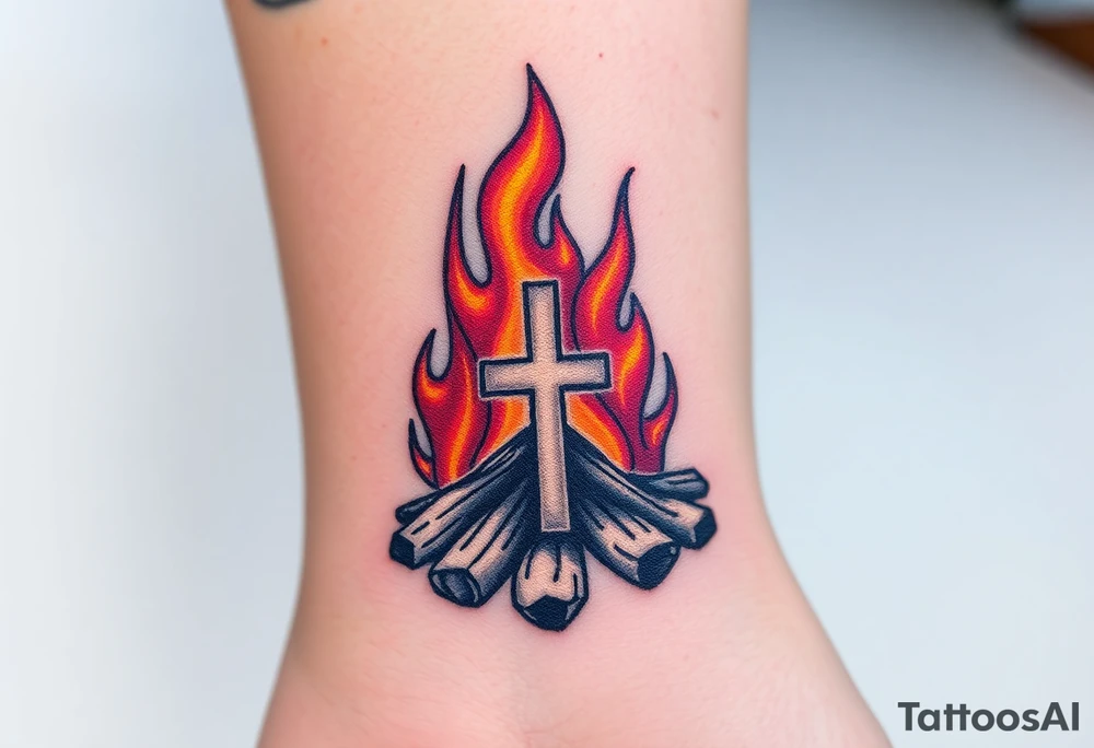 Campfire with a cross hidden in the flames tattoo idea