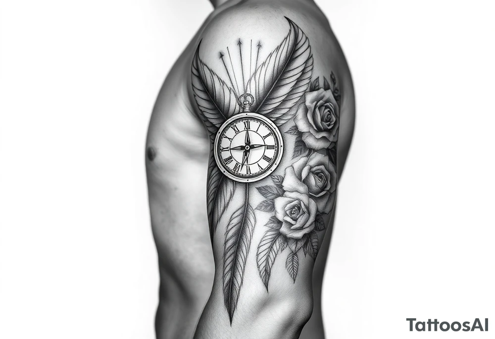 feathers with compass  a clock on elbows with roses tattoo idea