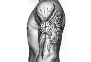 feathers with compass  a clock on elbows with roses tattoo idea