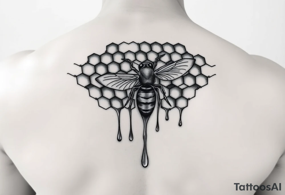 steampunk design of honeycomb with bee and dripping honey tattoo idea