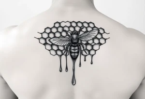steampunk design of honeycomb with bee and dripping honey tattoo idea