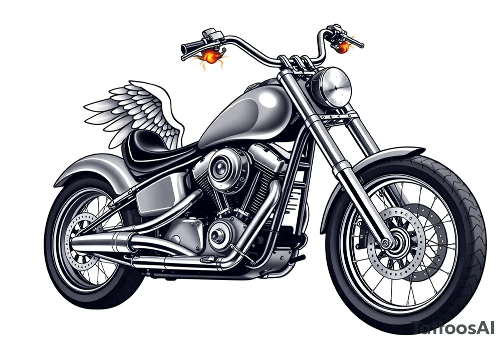 Low rider grey motorcycle, big muffler pipes with flames, angel wings tattoo idea