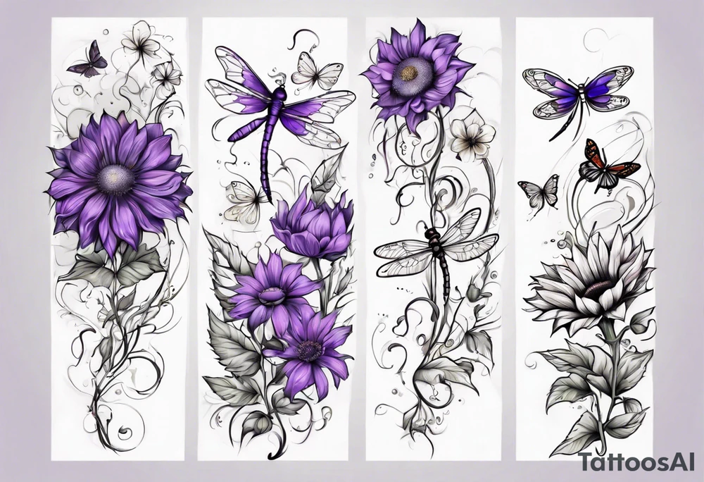 Arm sleeve, sunflowers, dragonflies, three cosmos flower, one violet, one carnation, vines , leaves and butterflies tattoo idea