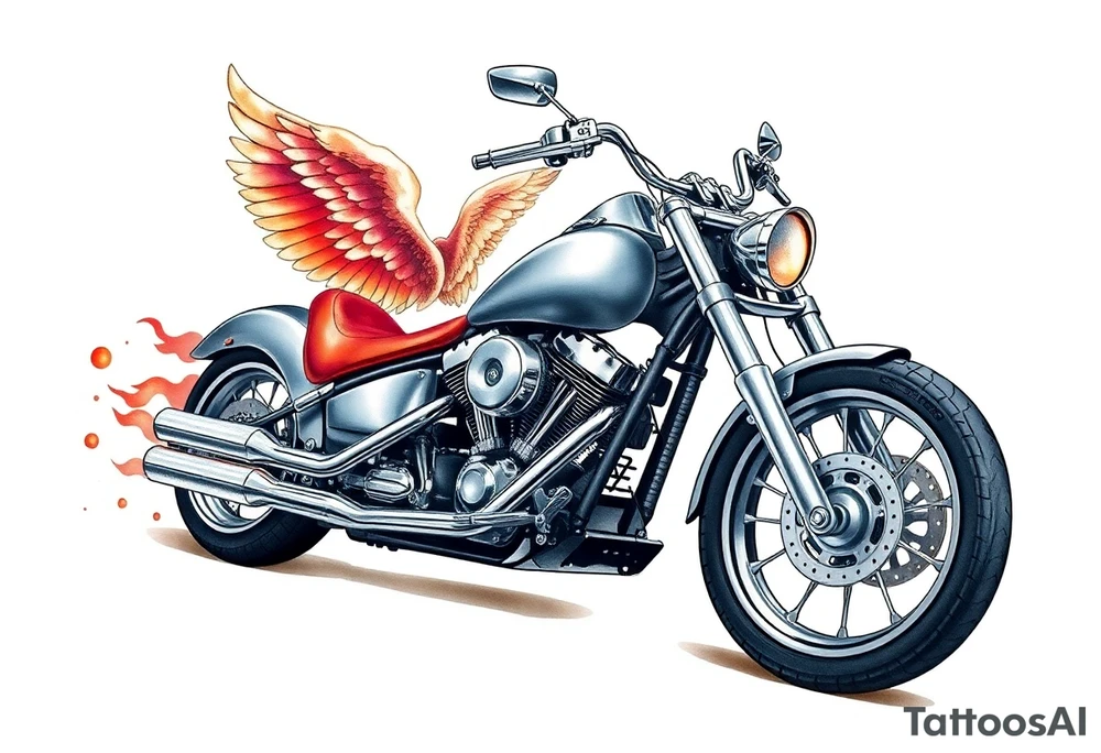 Low rider grey motorcycle, big muffler pipes with flames, angel wings, driving away, no person tattoo idea