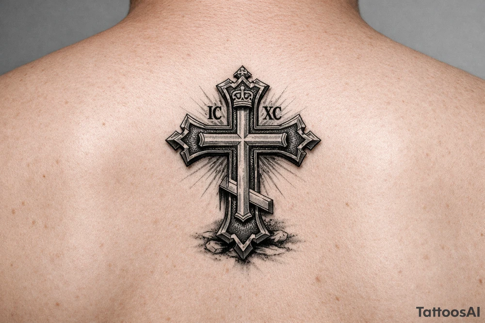 powerful serbian orthodox cross for ribs that later on can have children names incoportated later on, 15-25cm in height and with intricate details
 and black and grey fine detail tattoo idea