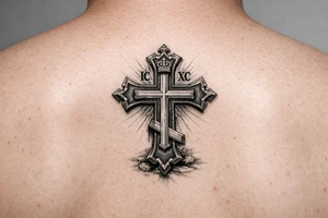 powerful serbian orthodox cross for ribs that later on can have children names incoportated later on, 15-25cm in height and with intricate details
 and black and grey fine detail tattoo idea