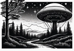 forest with trail and above is night sky with stars and 1 small ufo tattoo idea