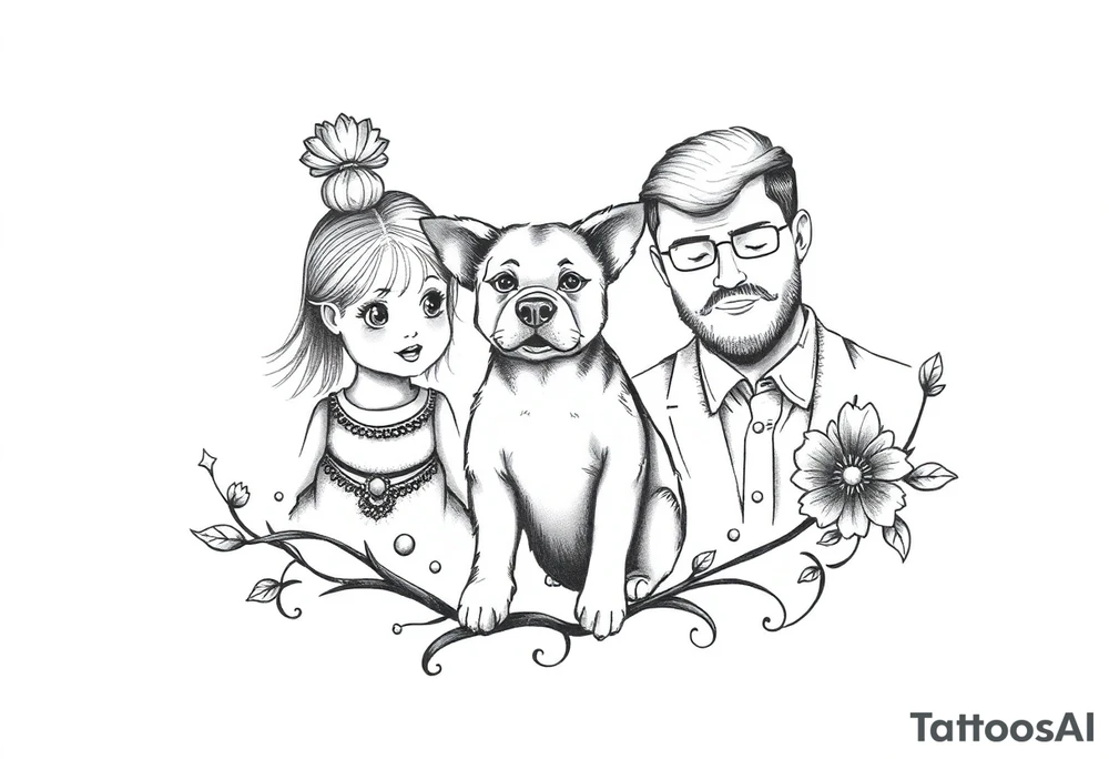 A tattoo that symbolizes three children, a dog and a husband using dainty symbols and a fine line tattoo tattoo idea