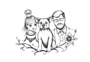 A tattoo that symbolizes three children, a dog and a husband using dainty symbols and a fine line tattoo tattoo idea