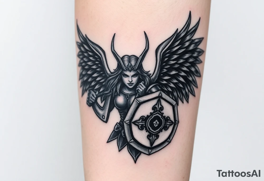 A fierce looking Valkyrie with very big dark wings. She's wielding a menacing axe and a sturdy shield with a vegvisir symbol.

Her face is really attractive but screaming with battle rage.

She's heavily armored and ready for battle tattoo idea