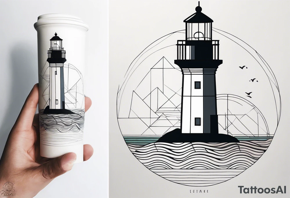 lighthouse in fine line and a bit geometric. Mostly black but the light and the sea are colored. also the sea close to the lighthouse tattoo idea