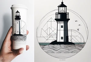 lighthouse in fine line and a bit geometric. Mostly black but the light and the sea are colored. also the sea close to the lighthouse tattoo idea