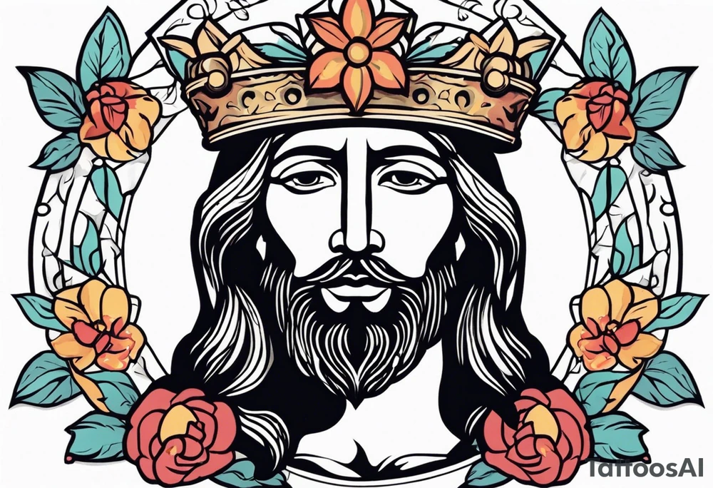 jesus with crown

old school vintage simple traditional design with vintage flowers surrounding
bold color simple tattoo idea