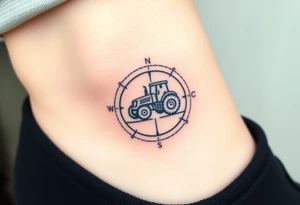 A tiny tractor inside a compass, symbolizing guidance and staying true to one’s roots tattoo idea