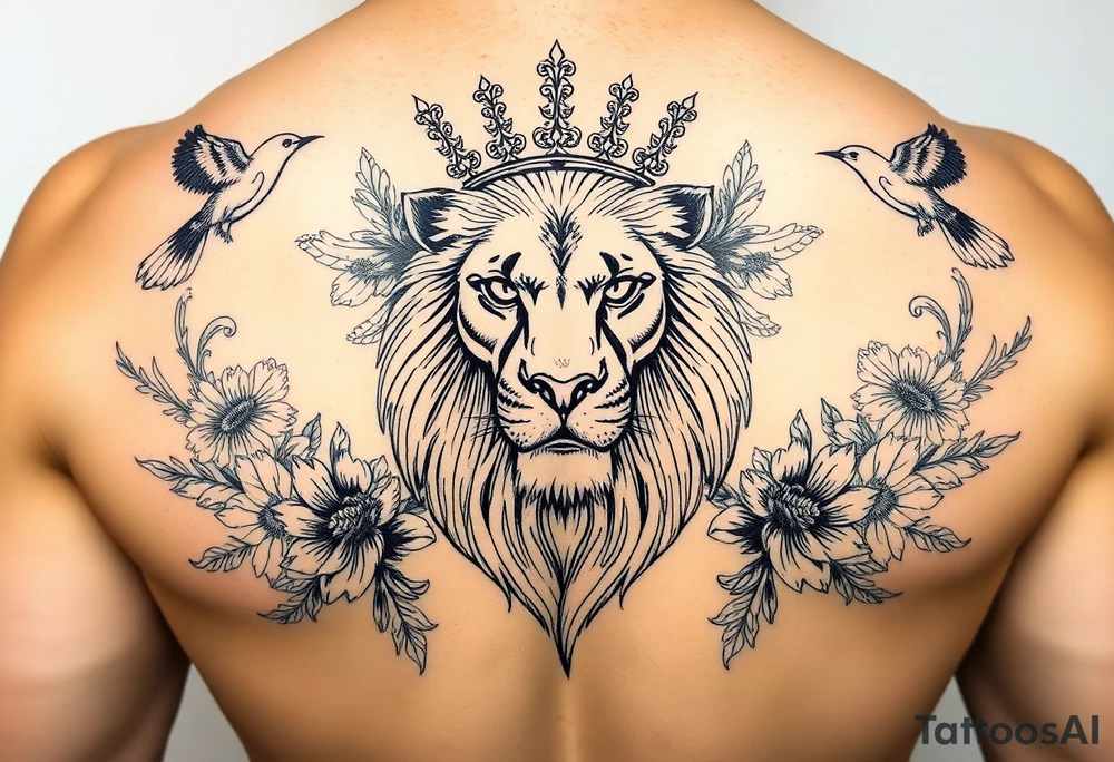 powerful majestic lion with a crown, surrounded by floral ornaments and birds tattoo idea