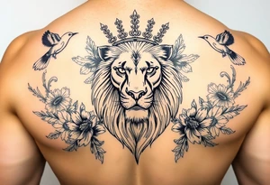 powerful majestic lion with a crown, surrounded by floral ornaments and birds tattoo idea
