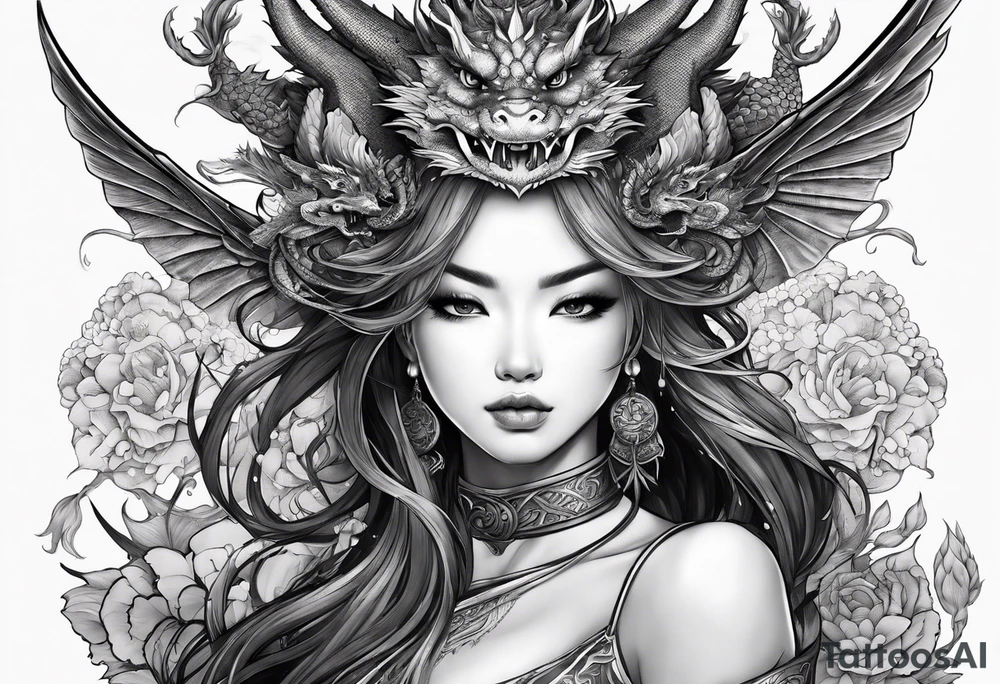 beautiful warrior nymph with dragon wings and dragon friends tattoo idea